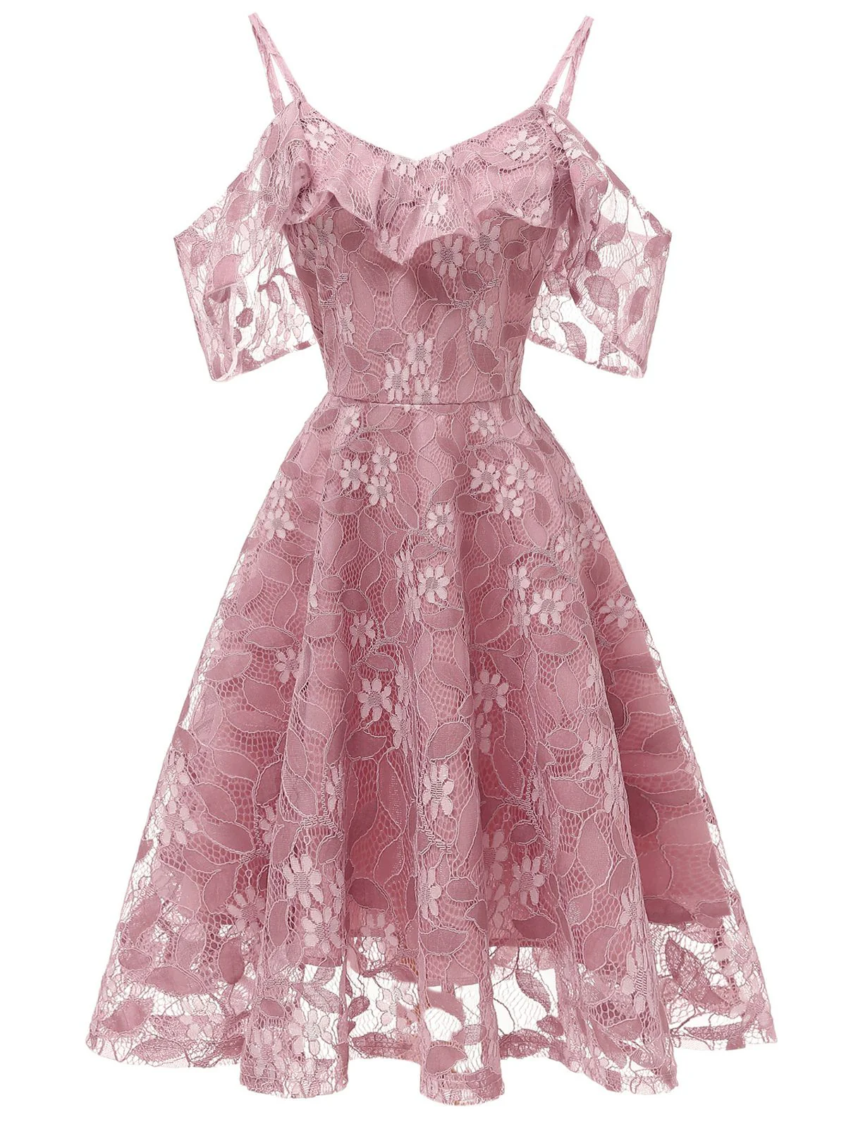 1950s Lace Cold Shoulder Ruffle Dress - Image 11