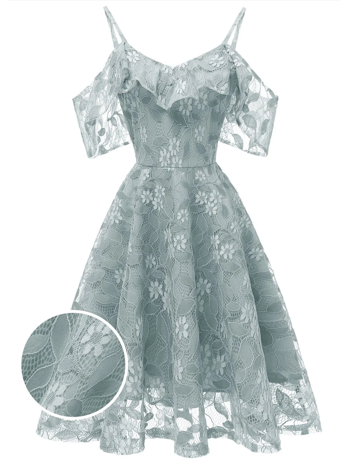 1950s Lace Cold Shoulder Ruffle Dress - Image 16