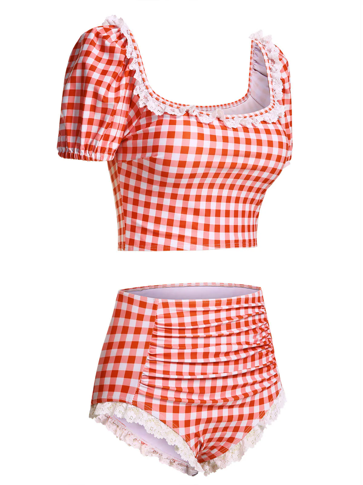 2PCS 1960s Plaid Lace Patchwork Swimsuit - Image 3