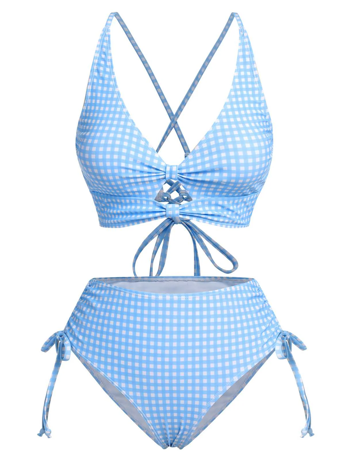 2PCS Blue 1950s Plaids Swimsuit & Mesh Cover-Up - Image 5