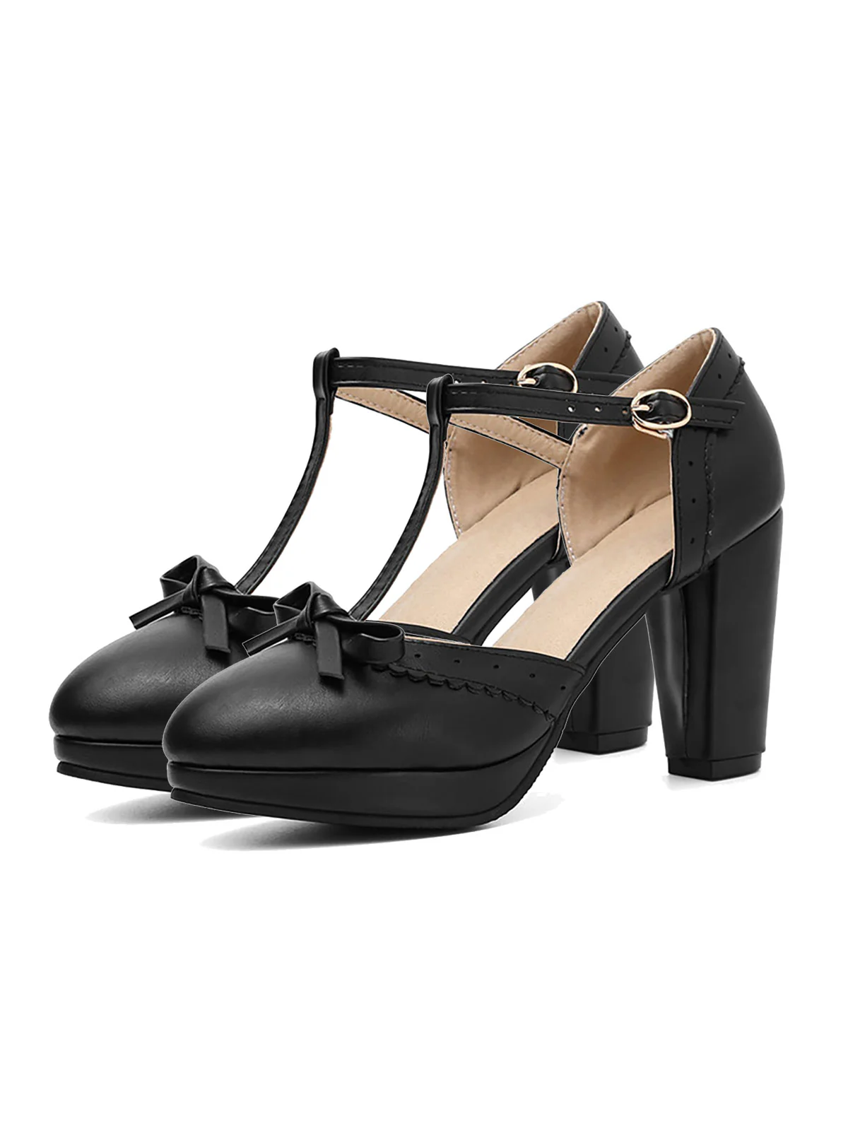 Retro Bow T-Strap High Heels Shoes - Image 3