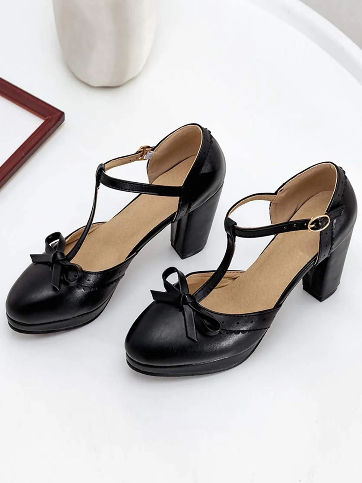 Retro Bow T-Strap High Heels Shoes - Image 7