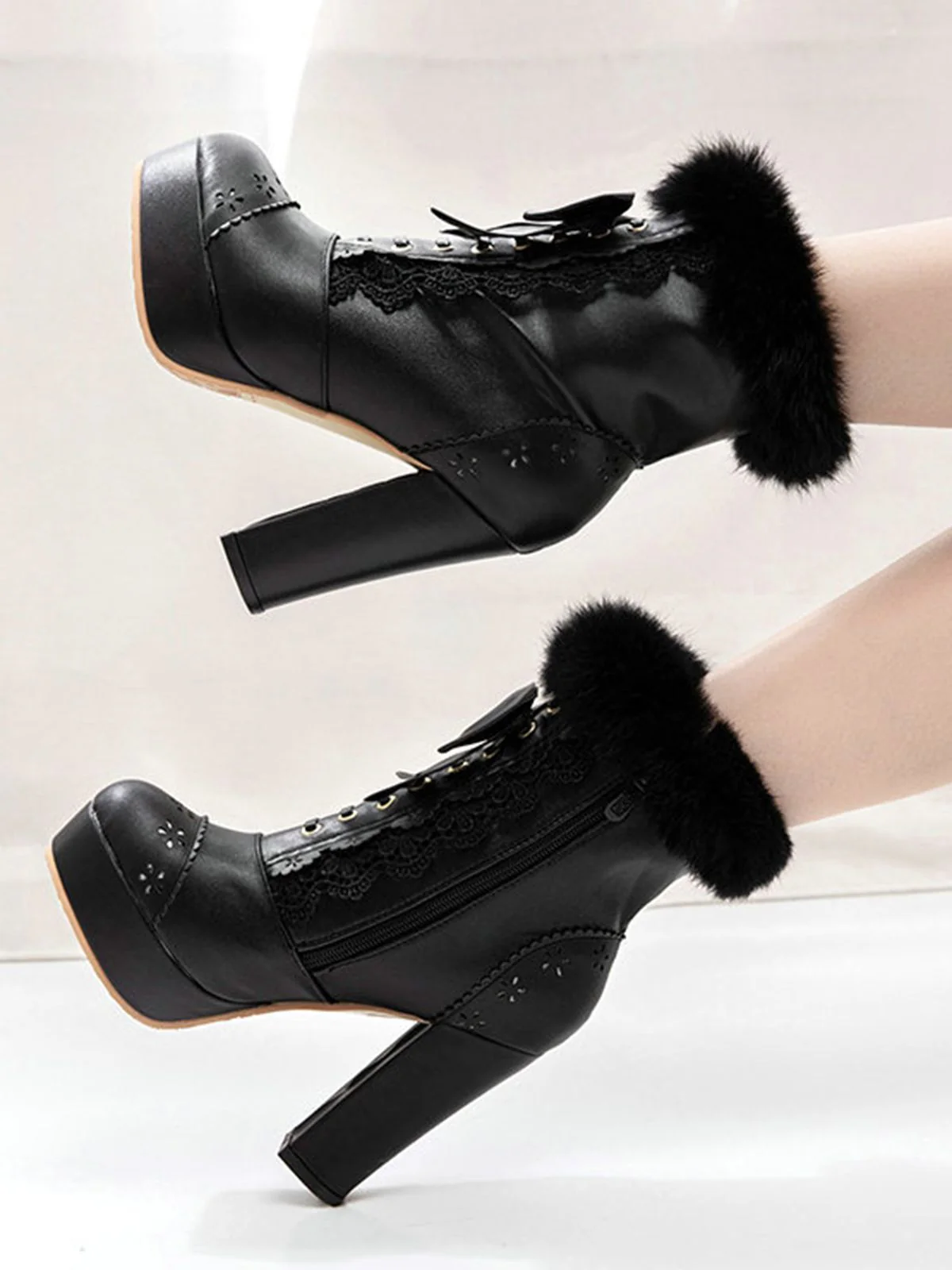 Retro Furry Bowknot Chunky Heel Snow Boots - Image 7